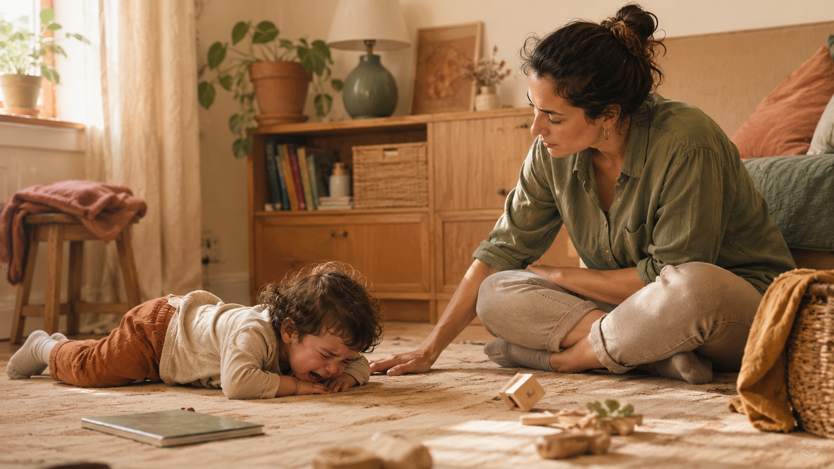 Adulto acompañando con calma a un niño durante un berrinche